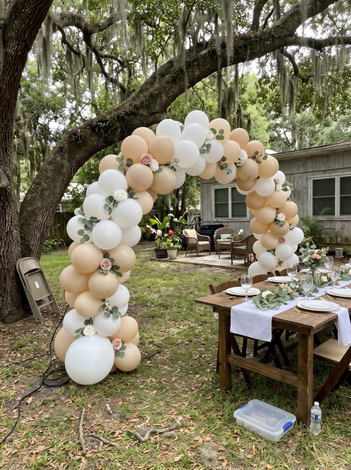 Floral balloon arch with greenery over a brunch table outdoors